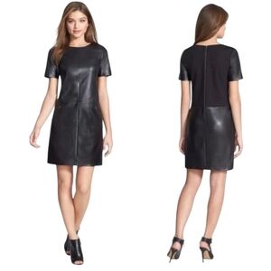 Halogen Black Leather Ponte Knit Shift Dress | Women’s Small | Zipper Pockets